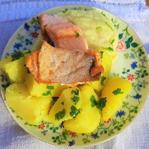 Fisch Saibling mit Selleriepüree und Kartoffeln auf Teller serviert